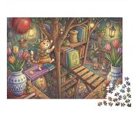 Librairie dans la cabane perchée Puzzle en Bois 500 Pièces Adultes Et Enfants,Déco Murale,Jeu Éducatif, Cat,Premium,Bois,Dès 14 Ans,Défi,Anti-Stress,Détente,Casse-tête (52x38cm)