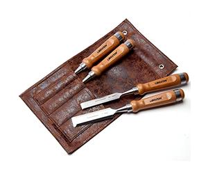 Libraton Professional 4pcs Ensemble de ciseaux à bois Poignées en bois robustes Ensembles de ciseaux Cr-V avec étui en cuir pour le travail du bois, sculpture 6mm, 10mm, 18mm, 25mm