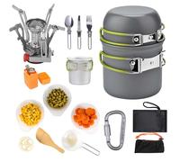 LIBRELUNE 15pcs Kit de Casserole Camping，Kit de Popote Camping Accessoires avec Rechaud，Set de Vaisselle Camping pour Bivouac Randonnée 1-2 Personnes