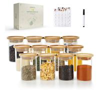 LIBWYS Lot de 12 pots à épices empilables ronds avec couvercles en bambou - 180 ml - 120 étiquettes - Récipients à épices en verre borosilicate pour épices, sucre