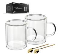 LIBWYS Lot de 2 verres à latte macchiato à double paroi avec poignée (2 x 350 ml) - En verre résistant à la chaleur - Avec cuillère en acier inoxydable - Pour café, thé, boissons chaudes, jus, bière