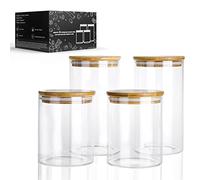 LIBWYS Lot de 4 bocaux de rangement ronds en verre avec couvercles en bambou, 2 tailles de 800 ml, 1200 ml, pour garde-manger/lave-vaisselle