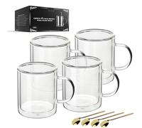 LIBWYS Lot de 4 verres à latte macchiato à double paroi avec poignée (4 x 350 ml) - En verre résistant à la chaleur - Avec cuillère en acier inoxydable - Pour café, thé, boissons chaudes, jus, bière