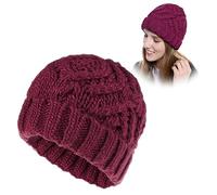 LICHENGTAI Bonnet d'hiver pour femme - Bonnet tricoté - Bonnet d'hiver chaud - Bonnet de ski - Bonnet d'hiver avec doublure en polaire thermique, rouge bordeaux, Medium