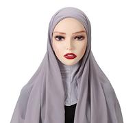 LICHENGTAI musulmanes Hijab femme musulmane voilée châle islamique voile enfilable avec bonnet intégré, écharpe en mousseline de soie de couleur unie Écharpe longue en mousseline de soie pour femme