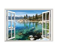 Lichi Autocollant mural 3D fausse fenêtre avec vue sur le lac, paysage de montagne paisible, décalcomanie murale pour décoration de la maison