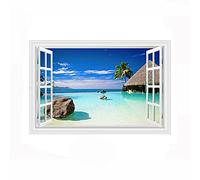 Lichi Autocollant mural 3D imitation fenêtre avec vue sur la plage et le cocotier