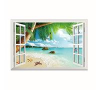 Lichi Autocollant mural 3D pour fenêtre avec vue sur la plage tropicale et paysage ensoleillé pour décoration de la maison
