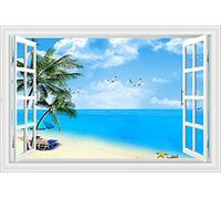 Lichi Autocollant mural 3D pour fenêtre, sticker mural, motif : mer, plage, cocotier, paysage avec mouette