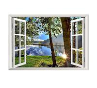 Lichi Autocollant mural 3D réaliste au bord d'un lac, à décoller et à coller sur une fenêtre, vue sur un lac sur la forêt, paysage naturel décoration murale pour chambre à coucher, salle de bain salon