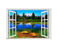 Lichi Autocollant mural amovible pour fenêtre 3D - Photo réaliste - Décoration murale pour chambre d'enfant - Décoration de salle de bain - Montagne enneigée, forêt, arbre, rivière