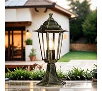 Licht-Erlebnisse Lampe de socle en verre et aluminium doré antique IP44 pour jardin et chemin, hauteur 40 cm, E27, lanterne rustique nostalgique, luminaire extérieur pour chemin et terrasse, PARIS