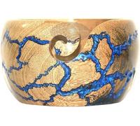 Lichtenberg Bol à fil, support et distributeur pour fil sans nœuds, grand bol à tricoter et crochet, bol au crochet, combustion du bois fractale et œuvre d'art en résine 18 x 10 cm (bleu)
