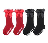 LICHUANUK 2 paires Chaussettes Hautes Pour Bébé Fille,Chaussettes antidérapantes en coton avec nœud papillon,Convient aux enfants âgés de 1 à 3 ans,noir, bordeaux