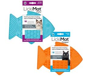 Lickimat Casper & Felix Tapis à lécher pour chat en forme de poisson Idéal pour la nourriture, les friandises et la réduction de l'anxiété Orange et turquoise, Casper & Felix