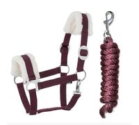 Licol en fourrure synthétique avec mousqueton réglable Licol de cheval en bois Corde de fixation (mousqueton en fourrure synthétique, bordeaux, Full)