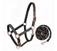 Licol pour cheval avec paillettes en or rose, licol cheval noir et rose, réglable sur 2 positions (noir or rose avec tricot, sang chaud (Full))