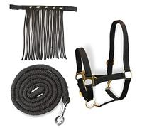Licol pour chevaux avec longe et franges à mouches - Licol avec tricot - Licol poney Shetty Cob Full Kb (pur-sang (Cob), noir