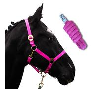 Licol pour chevaux avec tricot | Longe cheval avec licol | Licol Shetty, Poney, pur-sang, Full, X-Full avec tricot (rose, sang chaud)