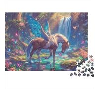 Licorne Ailée Fantastique Puzzle 1000 pièces pour Adultes Licorne Ailée Forêt Cascade Fleurs Premium Épais Robuste Haute Qualité Vibrant Défiant Difficile Relaxation Antistress 52x38cm/1000pcs