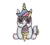 Licorne avec lunettes de soleil et glace - Ecusson Thermocollant Patches Appliques, Taille: 5,3 x 8 cm
