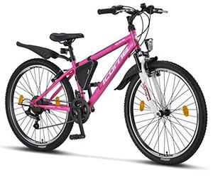 Licorne Bike Guide Vélo VTT haut de gamme pour filles, garçons, hommes et femmes Vélo avec dérailleur Shimano 21 vitesses, Garçon, rose/blanc, 26