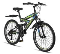 Licorne Bike VTT 26" Premium - Pour Garçons, Filles, Femmes et Hommes - Dérailleur Shimano 21 Vitesses - Suspension Complète - Robuste, Homme, Noir/Bleu/Citron Vert, 24 Pouces
