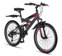 Licorne Bike VTT 26" Premium - Pour Garçons, Filles, Femmes et Hommes - Dérailleur Shimano 21 Vitesses - Suspension Complète - Robuste, Anthracite/Rose, 24 Pouces