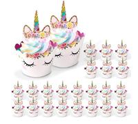 Licorne Cupcake Toppers,Viechoes Cupcake Toppers Wrappers,Topper de Gâteau,24 pcs Arc en Ciel Décorations de Gâteau pour,Pièces Décorations Gâteau pour Les Enfants Anniversaire (24)