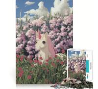 Licorne dans Un Champ de Fleurs Puzzle de 1000 pièces pour Adolescents Jeu de mémoire Système de Verrouillage sécurisé Pas de pièces Qui se détachent pour Les Voyages (38x26cm)