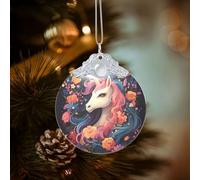 Licorne de dessin animé avec fleurs - Ornements de Noël ronds en verre à suspendre - Décorations de sapin de Noël pour fête, mariage, cheminée en plein air