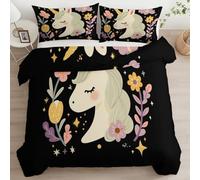 Licorne Dessin Animé Étoiles Fleurs Housse de Couette Noir Parure de lit 2 pièces, Ensemble literie Microfibre - Housse de Couette Doux Respirant 90 x 190 cm pour 1 Personnes Décor de Chambre