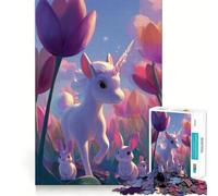 Licorne et Lapins dans Un Champ de Tulipes Puzzle de 1000 pièces pour Adolescents Jeu de Concentration Découpe de précision Bords Lisses pour Les fêtes (50x75cm)