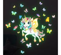 Licorne Étoile Lumineuse Plafond Stickers Muraux Fluorescente Licorne Autocollant Mural Papillons Décoration Murale Chambre Fille Enfants Bébé Pépinière Salon Vert