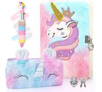 Licorne Journal Intime Fille En Peluche Avec Clé Et Cadenas,Set De A5 Carnet Secret Fille Comprend Trousses À Crayons,Journal Intime Comme Cadeau Licorne Fille 5-12 Ans,Multicolore