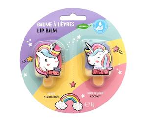 Licorne, Lot de 2 Baumes à Lèvres, Soin des Lèvres, Parfumés, Goûts, Noix de coco, Fraise, Hydratation, Enfants, Vegan, 1g, TAKE CARE