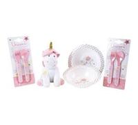 LICORNE - Lot ensemble vaisselle repas pour enfant contenant 2 assiettes creuses, 2 sets de couverts et 1 peluche +/- 17 cm Rose G
