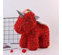 Licorne rose artificielle de 25,4 cm avec ailes - Licorne à fleurs éternelles fabriquées à la main pour anniversaires, mariages, fêtes prénatales, décoration d'intérieur et cadeau pour elle (rouge)