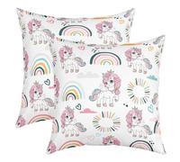 Licorne Taies d'oreiller 60x60cm Enfants Rainbow Lot De 2 Housses de Coussin pour Garçon Fantastique Cheval Taie Oreiller Coloré Strip Blanc Chambre Fille Housse Coussin