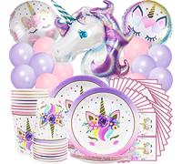 Licorne Vaisselle Anniversaire de Fête,Licorne Thème Ensemble de Fournitures de Fête Comprendre 16 Assiette à Dessert,16 Tasses,16 Serviettes,20 Macaron Ballónir et 3 Aluminum Membrane Ballónir