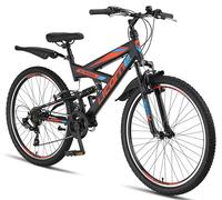 Licorne VTT 26" Premium - Vélo pour Filles, Garçons, Femmes et Hommes - Dérailleur Shimano 21 Vitesses - Suspension Complète - Robuste, Noir/Bleu/Orange, 26 Pouces