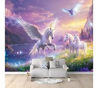 Licornes Fleurs Et Oiseaux Lacs Montagnes Papier Peint Panoramique Violet Intissé Murale, Photo Murale pour Salon Chambre d'enfants restaurant Décoration Murale 300x210 cm