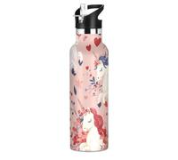 Licorns Country Style Valentine Cartoon Cartoon étanche et sans BPA Bouteille d'eau de sport isotherme 591 ml avec paille chaude et froide double paroi pour le sport, les voyages et l'école