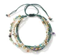 Licsaliwe Bracelet perlé Boho pour femmes, bracelet à cordes tressées réglable avec perles de riz vertes, bijoux de cheville Boho empilables multicouches