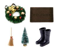 Licsaliwe Ensemble d'accessoires pour Maison de poupée de noël, Ornements Miniatures 5 pièces avec Guirlande, Balai, Botte, Tapis et Arbre noël pour la décoration