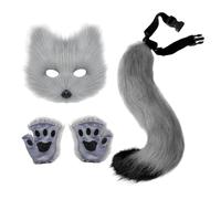Licsaliwe Ensemble de 3 costumes en fourrure masque de renard gris queue renard réglable et gants en fourrure pour Halloween