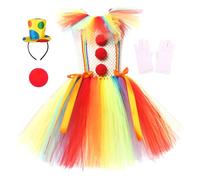 Licsaliwe Ensemble de costumes de clown pour filles, tenue en nylon colorée comprend un chapeau, un nez, des gants, une jupe pour la fête d'Halloween cirque