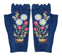 Licsaliwe Gants en tricot brodés pour femmes, gants d'hiver longs sans doigts avec motif floral, mitaines extensibles en acrylique chaud bleu clair