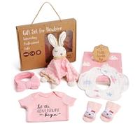 Lictin Coffret Cadeau Naissance Lapin - Grenouillère + Bandeau + Doudou Lapin + Couverture pour Bébé - 100% Coton - Ensemble Cadeau Naissance Fille