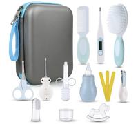 Lictin Set para Cuidado del Bebé -15 Piezas Kit de Aseo para Bebés con Cuchara de Oreja con LED Cepillo de Pelo y Peine,Cortador de Uñas Cepillo de Dientes de Dedo para Viaje y el Uso Diario (Azul)